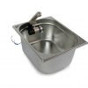 Edelstahl-Waschbecken mit Wasserhahn für mobile Wasserversorgung, ideal für Camping, Bulli-Ausbau oder Marktstände. Robuste und praktische Lösung für Frisch- und Grauwasserbedarf.
