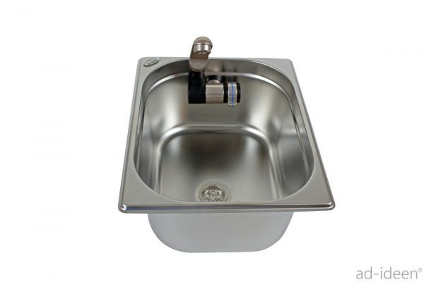 Edelstahl-Waschbecken mit Wasserhahn für mobile Wasserversorgung, ideal für Campingbedarf und den Ausbau von Bullis oder Transportern. Perfekt für den Einsatz an Marktständen oder in anderen Situationen, die fließendes Wasser erfordern.