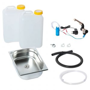 Mobile Wasserversorgung Set mit zwei Wasserkanistern, einer Edelstahlspüle, einer Pumpe mit Anschluss, Schläuchen und Montagematerial für Camping und mobile Anwendungen. Ideal für den Ausbau von Bullis oder Transportern sowie für Marktstände.