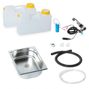 Mobile Wasserversorgungssystem für Campingbedarf mit zwei Wasserkanistern, einer Edelstahlspüle, einer Pumpe, einem Wasserhahn und flexiblem Schlauch. Ideal für den Ausbau von Bullis oder Transportern sowie für Marktstände.