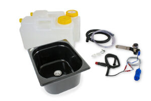 Mobiles Wasserversorgungssystem für Campingbedarf mit Waschbecken, Frisch- und Grauwassertanks, Pumpen und Zubehör für den Ausbau von Bullis und Transportern. Ideal für Marktstände und Outdoor-Situationen, auch mit Warmwasserheizung erhältlich.