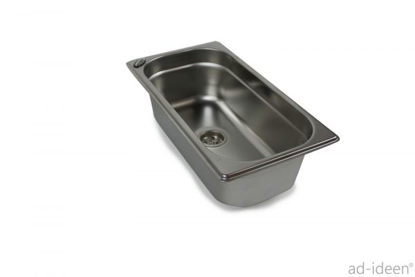 Edelstahl-Waschbecken für mobile Wasserversorgung, ideal für den Campingbedarf und den Ausbau von Bullis oder Transportern. Perfekt für Frischwasser- und Grauwasserlösungen, auch geeignet für Marktstände und andere Anwendungen mit fließendem Wasser.