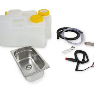 Set für mobile Wasserversorgung mit Edelstahlwaschbecken, zwei Wasserkanistern, Pumpen und Anschlussteilen, ideal für Camping, Bulli-Ausbau und Marktstände.