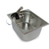 Edelstahl-Waschbecken mit integrierter Wasserpumpe für mobile Wasserversorgung, ideal für Camping, Transporter-Ausbau und Marktstände. Robust und leicht zu installieren, sorgt es für fließendes Wasser, auch in Kombination mit Warmwasser-Heizsteben.