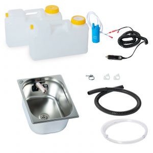 Mobile Wasserversorgung für Campingbedarf: Set mit zwei Wasserkanistern, einer Pumpe, einem Edelstahlwaschbecken und Zubehör für den einfachen Anschluss. Ideal für den Ausbau von Bullis oder Transportern sowie für Marktstände und andere Anwendungen, die fließendes Wasser benötigen.