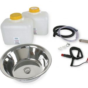 Set für mobile Wasserversorgung mit Edelstahlwaschbecken, zwei Wasserkanistern für Frisch- und Grauwasser, Pumpensystem und Verbindungsschläuchen, ideal für Camping und Marktstände.