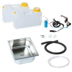 Mobile Wasserversorgung für Campingbedarf: Set mit zwei Wasserkanistern, Pumpe, Wasserhahn, Edelstahlspüle und Zubehör für den einfachen Einbau in Bullis oder Transportern. Ideal für fließendes Wasser beim Campen oder auf Marktständen.