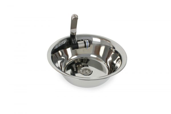 Edelstahl Waschbecken mit Wasserhahn, ideal für mobile Wasserversorgung im Campingbereich oder für den Ausbau von Bullis und Transportern. Perfekt für Frischwasseranschlüsse und ausgestattet für verschiedene Anwendungen, einschließlich Marktständen und Outdoor-Aktivitäten.
