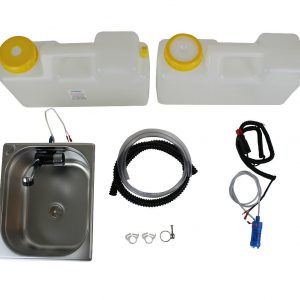 Mobile Wasserversorgungssystem mit Edelstahlwaschbecken, zwei Wasserkanistern für Frisch- und Grau- wasser, Pumpen und Zubehör, ideal für Camping, Bulli-Ausbau und Marktstände.