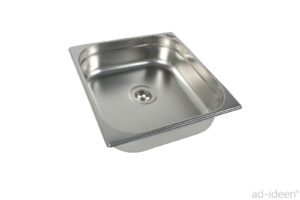 Edelstahl-Waschbecken für mobile Wasserversorgung, ideal für Camping, Bulli-Ausbau und Marktstände. Robust und langlebig, geeignet für Frisch- und Grauwasseranwendungen.