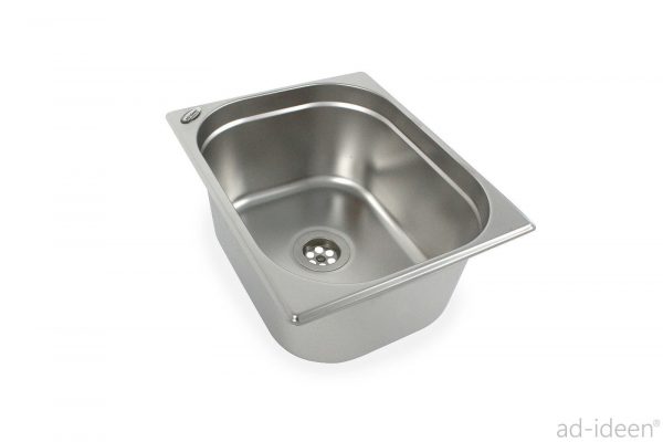 Edelstahl-Waschbecken für mobile Wasserversorgung, ideal für Camping, Bulli- und Transporter-Ausbau, ausgestattet für Frisch- und Grauwasseranwendungen.