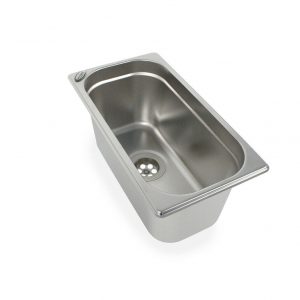 Edelstahl-Waschbecken für mobile Wasserversorgung, ideal für Camping, Bulli-Ausbau und Marktstände. Robuste Bauweise, einfach zu installieren, geeignet für Frisch- und Abwasseranwendungen.
