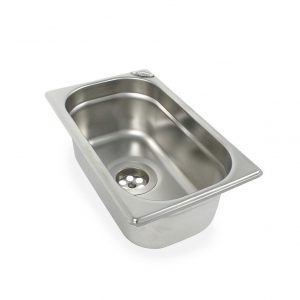Edelstahl-Waschbecken für mobile Wasserversorgung, ideal für den Campingbedarf oder den Ausbau von Bullis und Transportern. Perfekt geeignet für die Installation in Marktständen oder anderen Anwendungen, die fließendes Wasser erfordern.