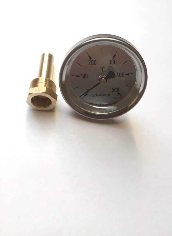 Thermometer mit Messbereich von 0 bis 500 °C und passendem Anschluss, ideal für mobile Wasserversorgungssysteme und Campingbedarf von ad ideen.