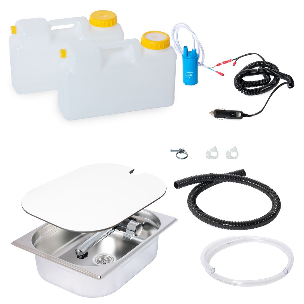 12V Camping Spüle Technik Set Waschbecken Bausatz Spülbecken 325x265x100mm Integriert + Abdeckung Bulli