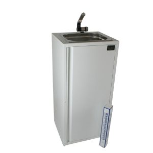 Mobiles Waschbecken mit Wasserhahn für Camping und Marktstände, ideal für die mobile Wasserversorgung. Kompakt und funktional, inklusive Anschlussmöglichkeiten für Frisch- und Grauwasserkanister, geeignet für den Einsatz mit Warmwasserheizungen. Perfekt für den Ausbau von Bullis oder Transportern.