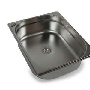 Edelstahl-Waschbecken für mobile Wasserversorgung im Campingbereich, ideal für den Ausbau von Bullis oder Transportern, ausgestattet mit einem Ablauf und geeignet für verschiedene Frisch- und Abwasserkanister.