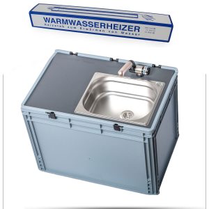 Mobiles Waschbecken mit Warmwasserheizer für Camping und Transporter, ideal für die mobile Wasserversorgung. Robust und praktisch, geeignet für verschiedene Anwendungen wie Marktstände und Outdoor-Aktivitäten.